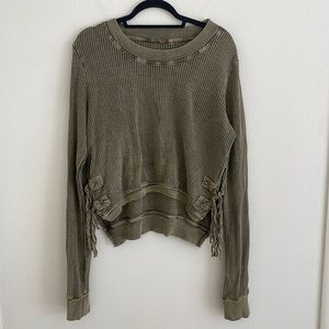 Free People One Cropped Interlaken Boho Waffle Knit large olive green thermal